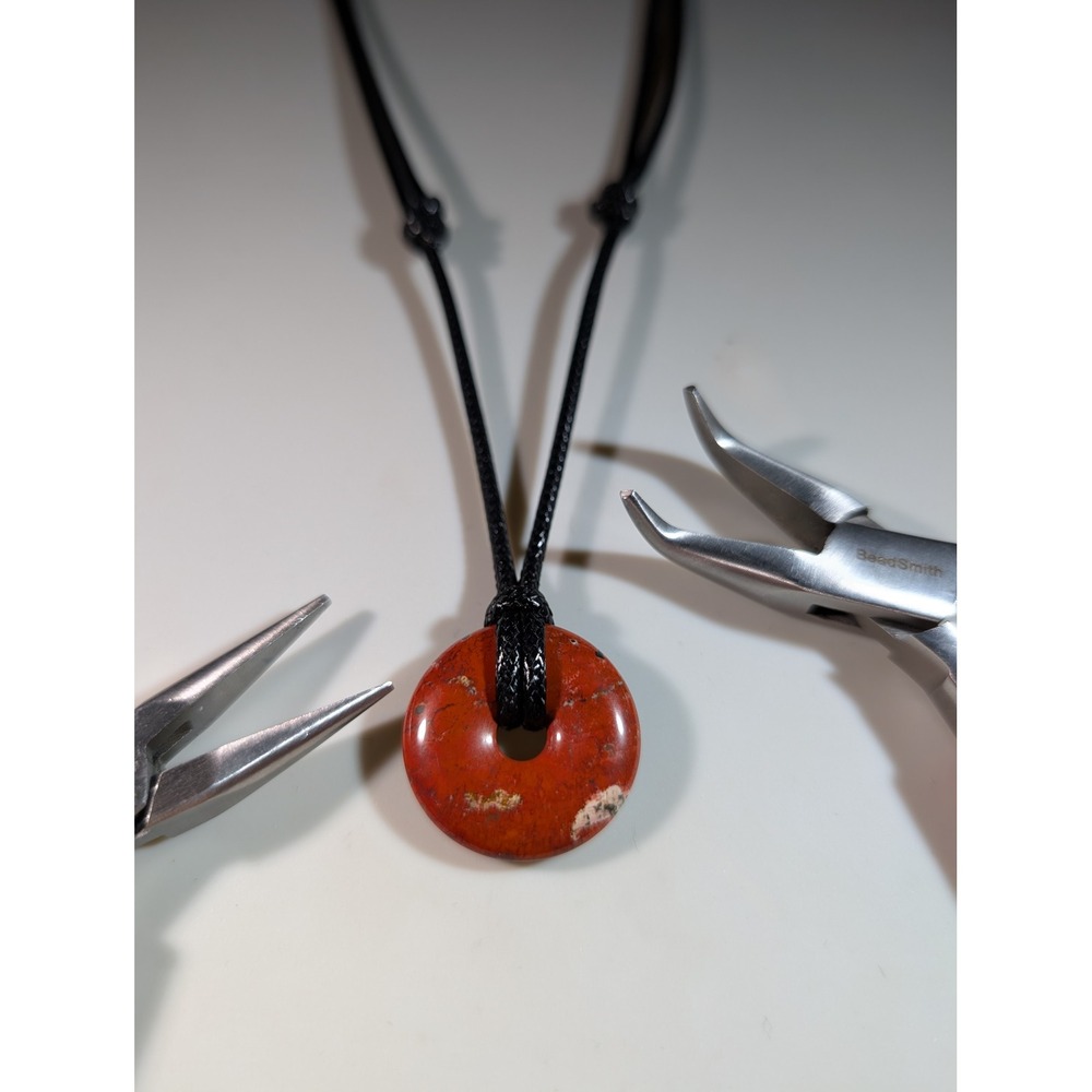 Red Jasper Donut Pendant Necklace Adjustable Black Cord Natural Stone Boho